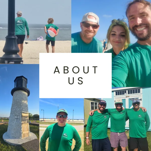 Green Wave Watersports team posing in green shirts at Buckroe Beach