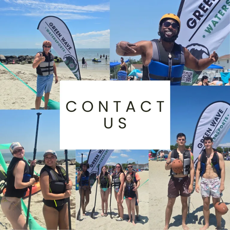 Green Wave Watersports guests and staff posing with paddleboards and flags