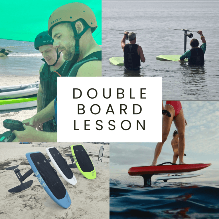 Collage of two people learning to ride eFoils together during a double board lesson on the beach and water