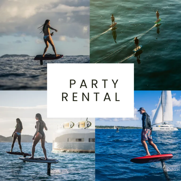 eFoil riders on water collage with text “Party Rental”