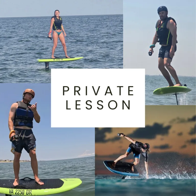 Four-image collage of solo eFoil riders including instructor-led sessions and action shots
