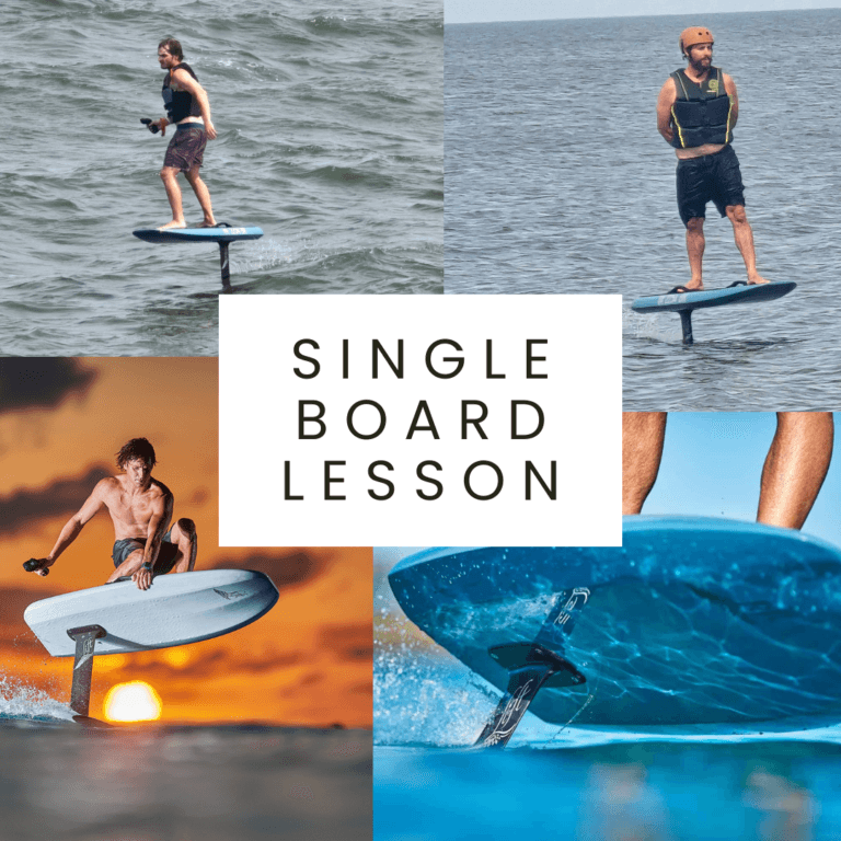 Collage of first-time eFoil riders participating in single board lessons with Lift gear