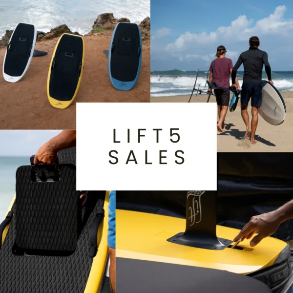 Collage of Lift5 eFoil boards, battery, and riders with text “Lift5 Sales”