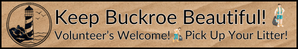 Keep Buckroe Beautiful banner with lighthouse logo, volunteer message, and icons encouraging litter cleanup