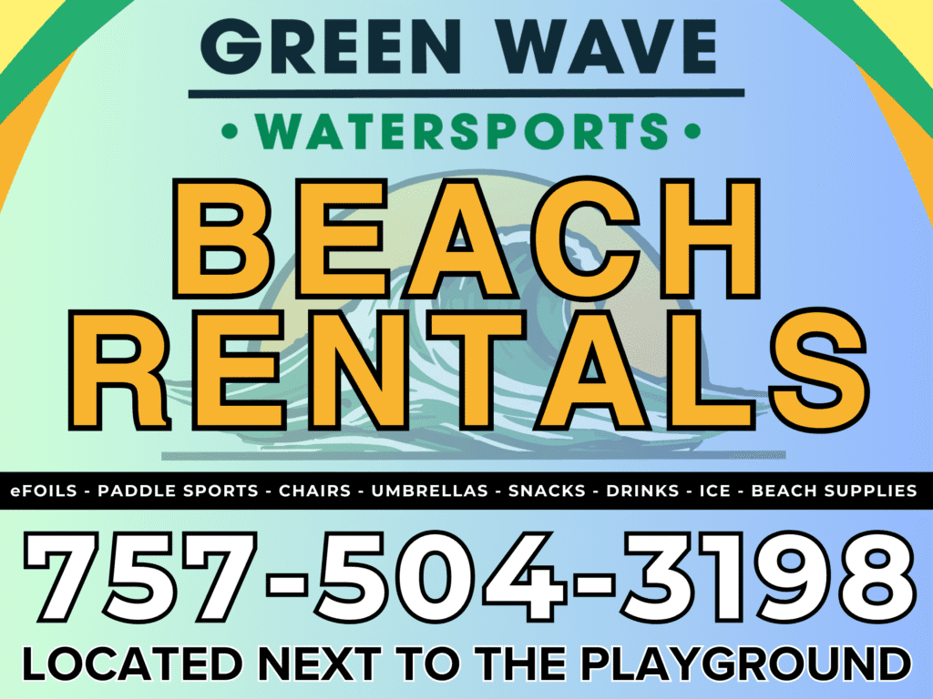 Green Wave Watersports flyer listing rentals and services like eFoils, paddle sports, chairs, umbrellas, snacks, and drinks near the Buckroe Beach playground