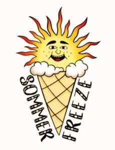 Cartoon-style logo of Sommer Freeze with a smiling sun in an ice cream cone and hand-lettered brand name