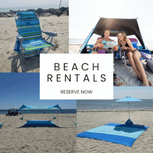 Beach rentals including umbrella, beach chairs, tent, and mat displayed on the shore.