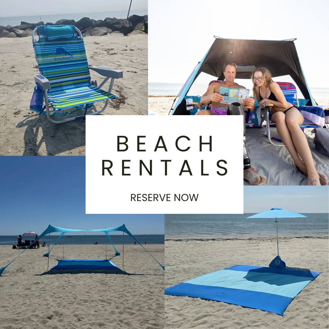 Beach rentals including umbrella, beach chairs, tent, and mat displayed on the shore.