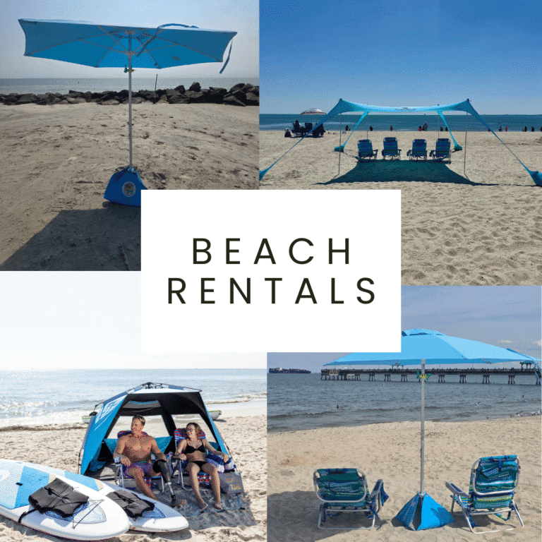 eople enjoying beach chair and umbrella rentals at Buckroe Beach.