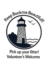 Keep Buckroe Beautiful logo with a lighthouse, birds, and the text encouraging litter cleanup and volunteers