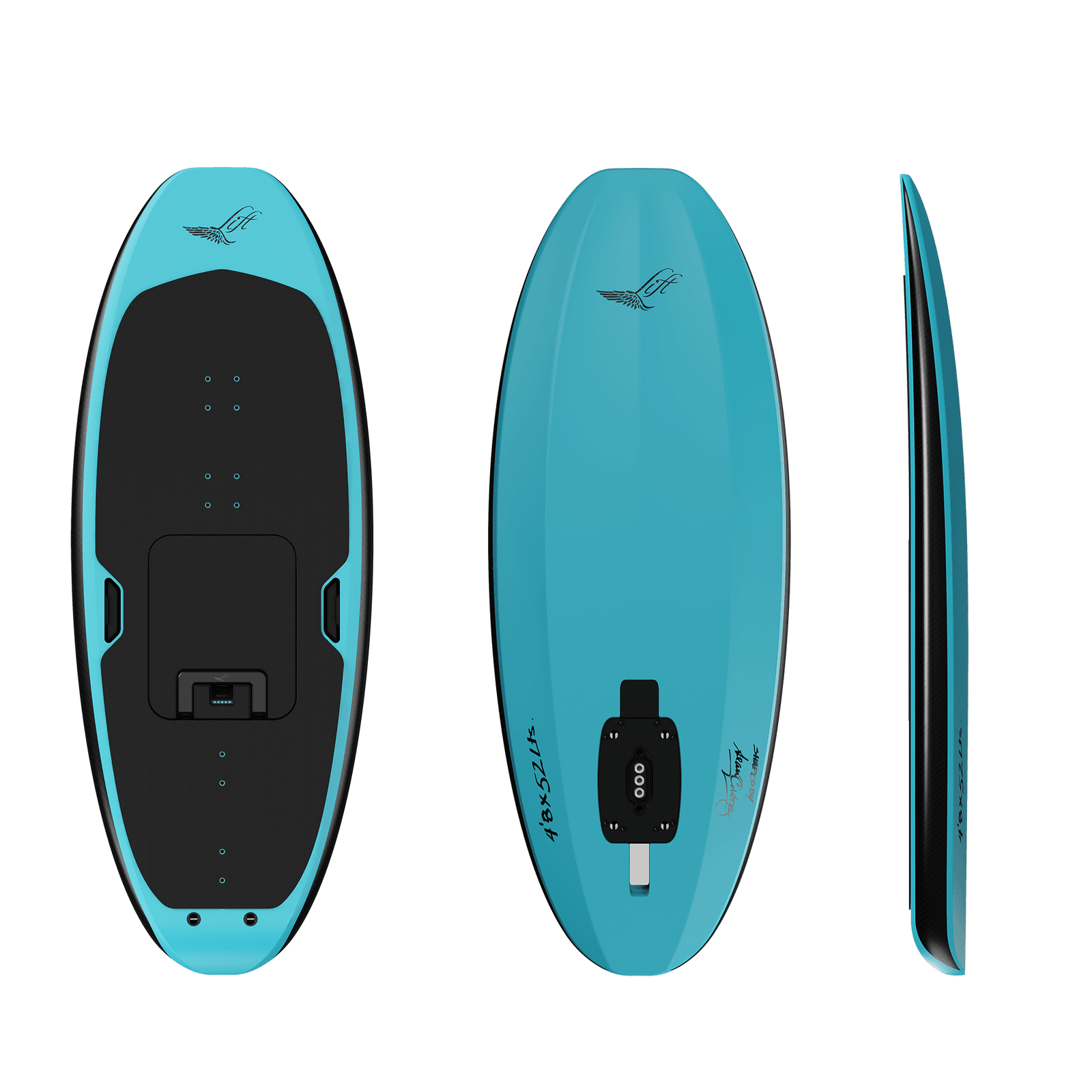 The LiftX 4'8 eFoil in Spark Blue finish, shown in top, bottom, and side views.