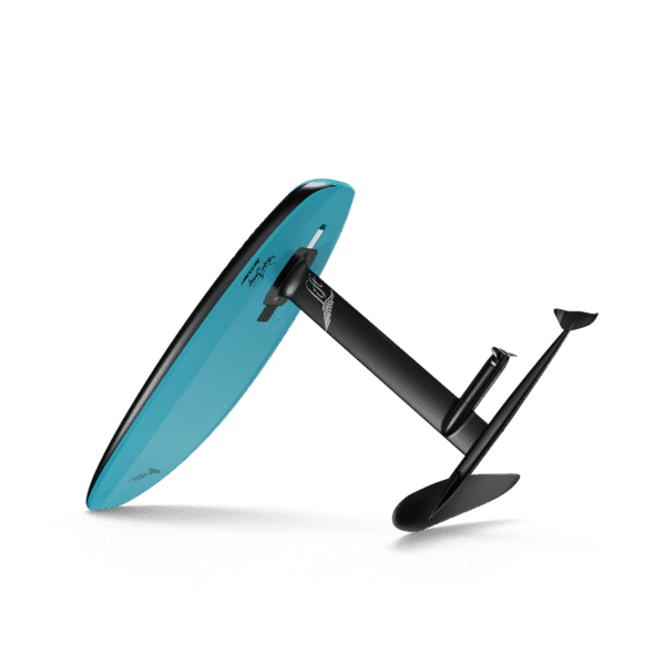 The LiftX 4'8 Spark Blue eFoil shown from a tilted underside angle, highlighting the hydrofoil mast and wing.