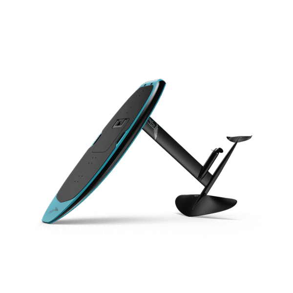The LiftX 4'8 Spark Blue eFoil shown in a tilted front display, combining sleek design with high-performance engineering.