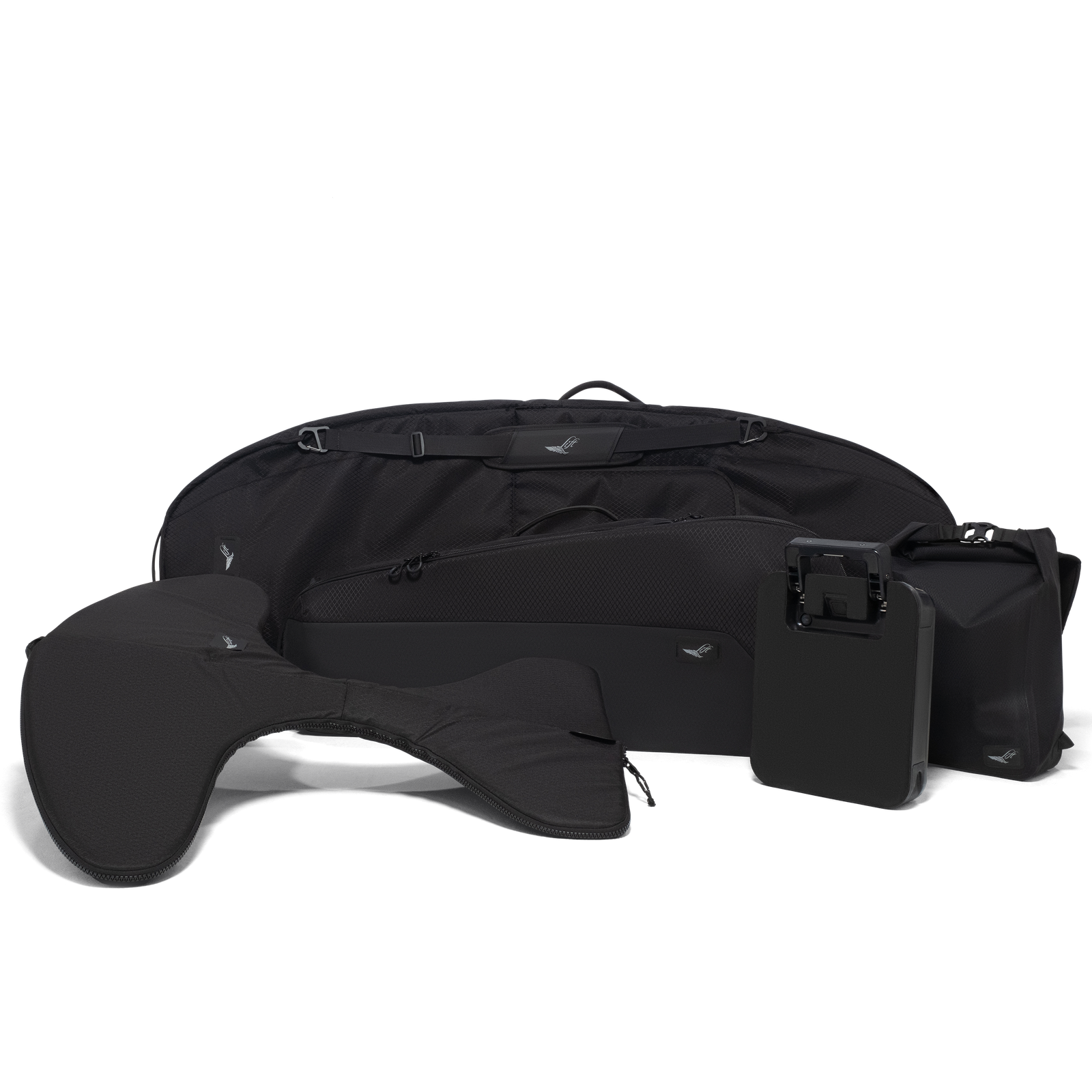 LiftX travel and storage bag set including padded board bag, mast and wing covers, battery case, and accessory bag, all in black.