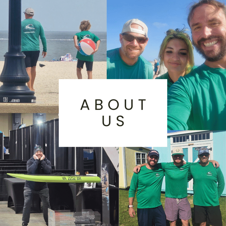Green Wave Watersports team posing in green shirts at Buckroe Beach