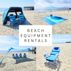 Beach equipment rentals collage with beach chairs, umbrellas, and shade canopy setups on the sand at Buckroe Beach in Hampton, Virginia.