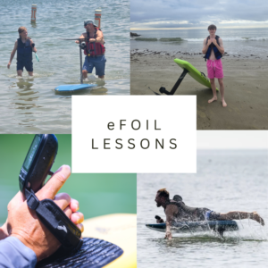 eFoil lessons collage showing students learning in shallow water, a rider with an eFoil on the beach, a waterproof eFoil remote in hand, and a rider falling into the water.