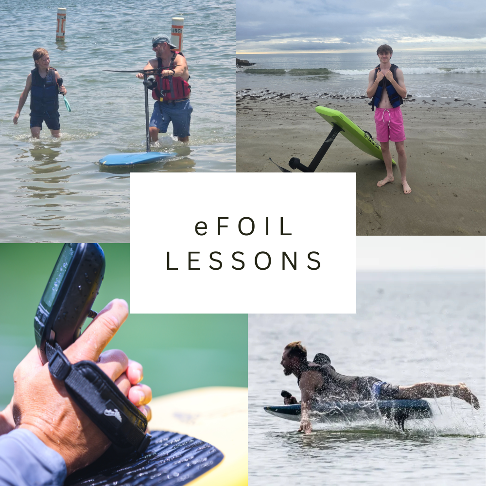 eFoil lessons collage showing students learning in shallow water, a rider with an eFoil on the beach, a waterproof eFoil remote in hand, and a rider falling into the water.