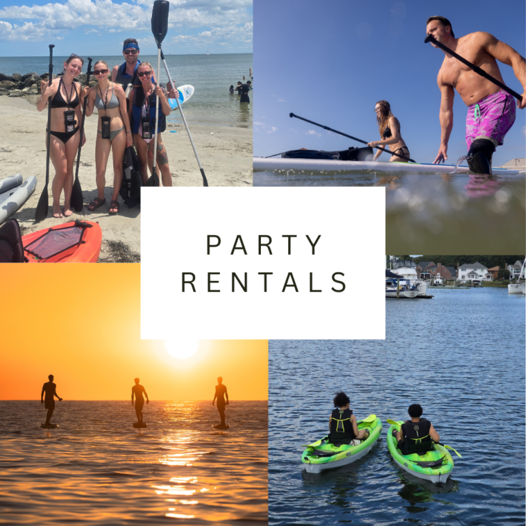 Party rental collage with a group holding paddleboards, people paddling on calm water, a sunset water scene, and two kayakers on a quiet inlet.