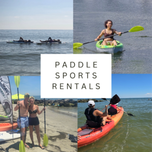 Paddle sports rentals collage with people on paddleboards, a kayaker paddling on calm water, a couple with paddleboards on the beach, and two people kayaking near shore.