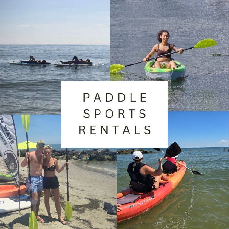 Paddle sports rentals collage with people on paddleboards, a kayaker paddling on calm water, a couple with paddleboards on the beach, and two people kayaking near shore.