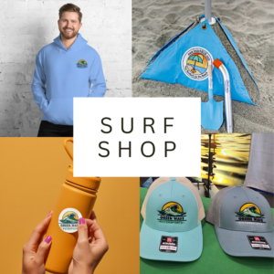 Green Wave Watersports surf shop collage with a logo hoodie, branded trucker hats, a sticker on a water bottle, and beach gear on the sand.