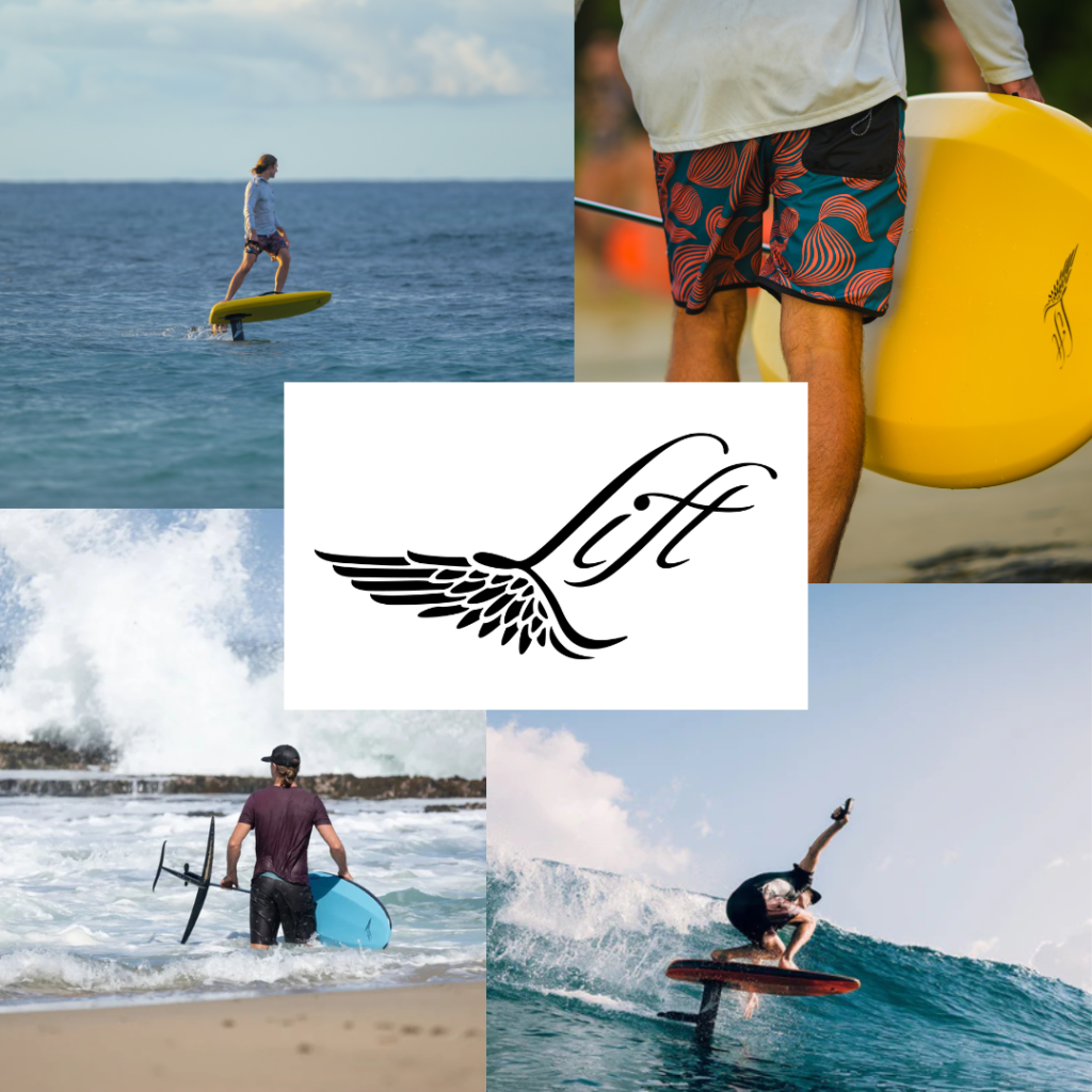 Lift Foils collage with an eFoil rider on open water, surfers hydrofoiling on a wave, a foil board on the beach, and the Lift wing logo.