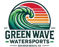 Green Wave Watersports logo with retro wave and orange sunset, Buckroe Beach VA